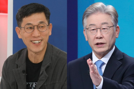 진중권(왼쪽) 전 동양대학교 교수와 이재명 더불어민주당 대선 후보. 연합뉴스